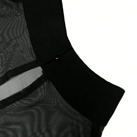 Black Casual Women's Stand Collar Sheer Yoke Short Sleeve Cape Blouse - Picture 6 of 7